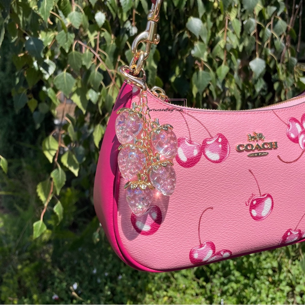 Iridescent Heart Strawberry Baby Pink Jelly Cluster Purse Bag Charm Kawaii Y2K - Picture 3 of 16